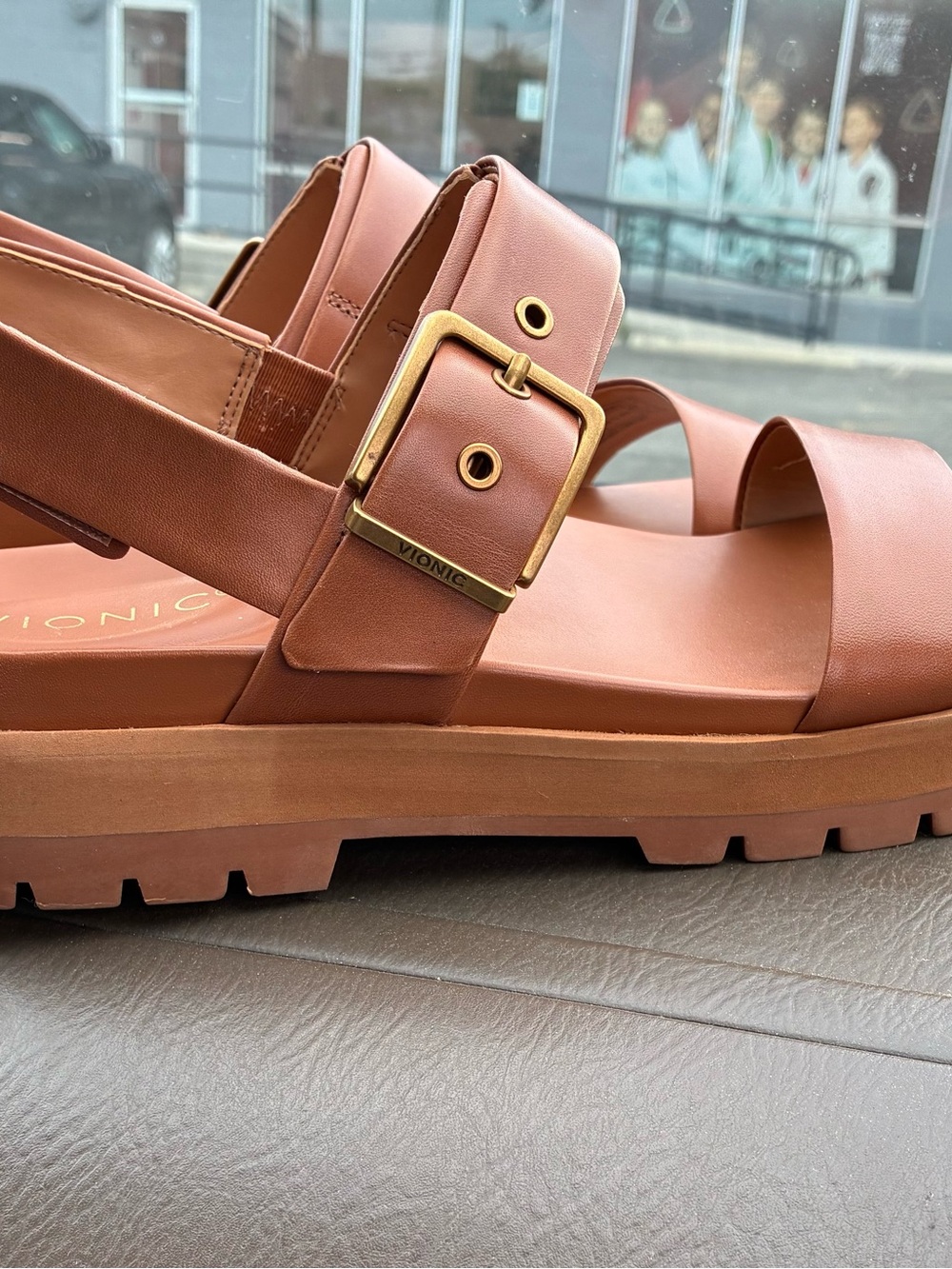 Vionic Tan Platform Slingback Sandals with Gold Buckle - Picture 4 of 10
